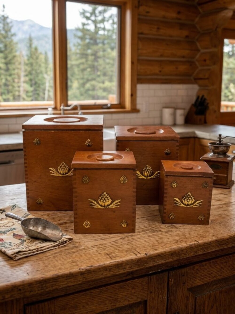 Wooden Canister Set of 4 with Plastic Liners, Vintage MCM